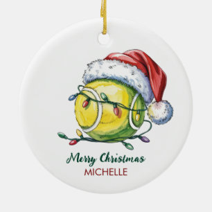 Ornamento De Cerâmica Bola de Tênis com Chapéu de Papai Noel Natal Pers