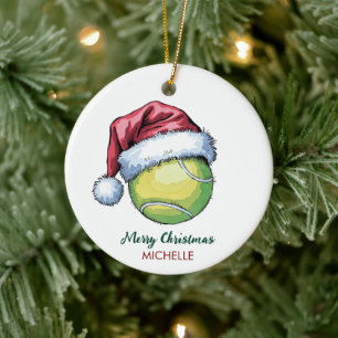 Ornamento De Cerâmica Bola de Tênis com Chapéu de Papai Noel Natal Pers
