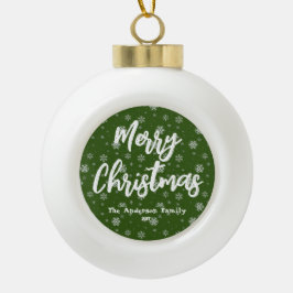 Ornamento De Cerâmica Bola Natal Feliz da Tipografia Verde Clássica Elegante