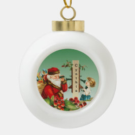Ornamento De Cerâmica Bola Papais noeis e Menina no Telefone com Nome