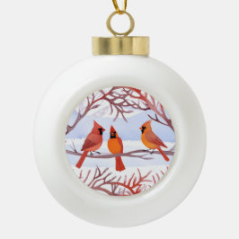 Ornamento De Cerâmica Bola Três cardeais vermelhos em galhos nevados