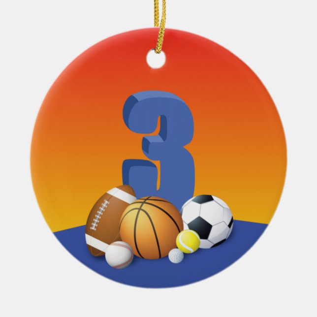 Ornamento De Cerâmica Bolas de Esportes aniversário de 3 anos (Frente)