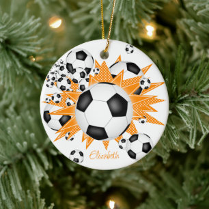 Ornamento De Cerâmica bolas de futebol estrelas de cinza laranja esporte