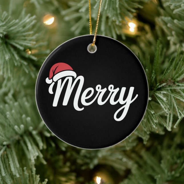 Ornamento De Cerâmica Bold Black Merry Christmas Santa Hat (Árvore)