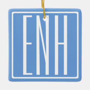 Ornamento De Cerâmica Bold Modern 3 Iniciais Monograma Azul macio