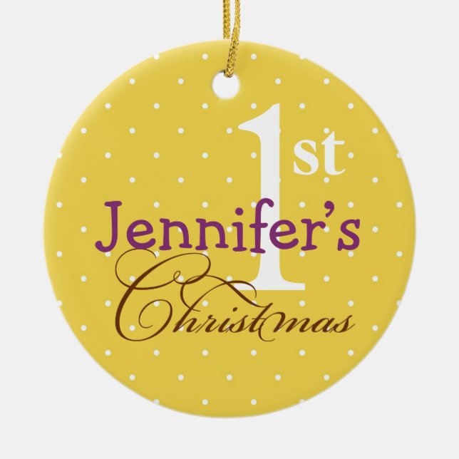 Ornamento De Cerâmica Bolinhas amarelas nome púrpura bebê primeiro feria (Frente)