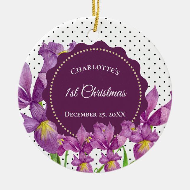 Ornamento De Cerâmica Bolinhas Botânicas De Iris Purple De Aquarela (Frente)