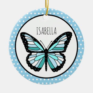 Ornamento De Cerâmica Bolinhas de Borboleta Azul Natal Personalizado