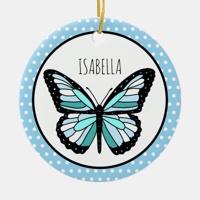 Ornamento De Cerâmica Bolinhas de Borboleta Azul Natal Personalizado (Frente)