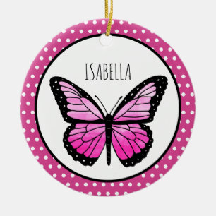 Ornamento De Cerâmica Bolinhas de borboleta magenta personalizada