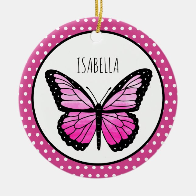 Ornamento De Cerâmica Bolinhas de borboleta magenta personalizada (Frente)