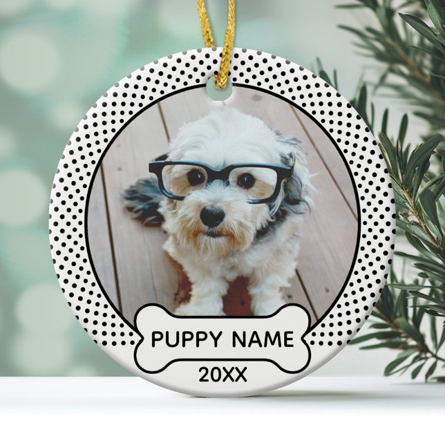 Ornamento De Cerâmica Bolinhas de Natal de Cachorro Negro  Branco (A cute pet photo ornament with a dog bone text area)