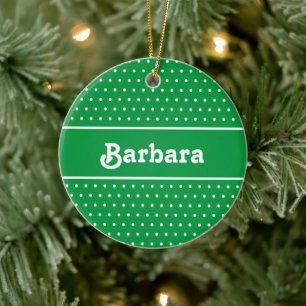 Ornamento De Cerâmica Bolinhas de nome personalizado verde e branco