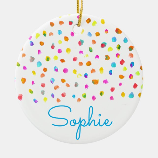 Ornamento De Cerâmica Bolinhas simples aquarela moderna Nome de Natal (Frente)