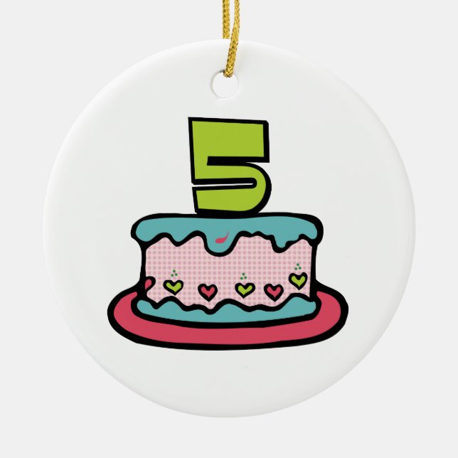 Ornamento De Cerâmica Bolo de aniversário de 5 anos (Frente)