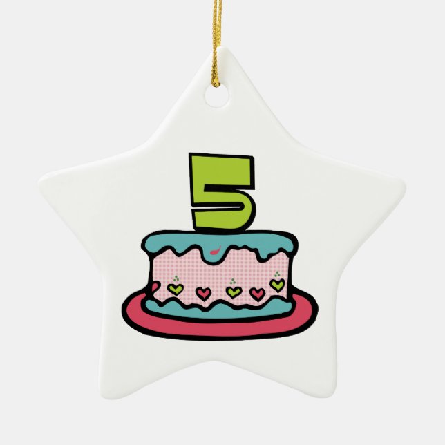 Ornamento De Cerâmica Bolo de aniversário de 5 anos (Frente)