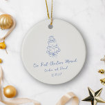 Ornamento De Cerâmica Bolo de Arroz Azul Personalizado Primeiro Natal Ca<br><div class="desc">Celebre seu primeiro Natal como um casal casado com este adorável ornamento cerâmico com um lindo desenho de um bolo de casamento, acentuado por um roteiro escrito à mão. O design único é estético e brincalhão, fazer que seja uma perfeita lembrança de seu dia especial. Personalizado com seus nomes e...</div>