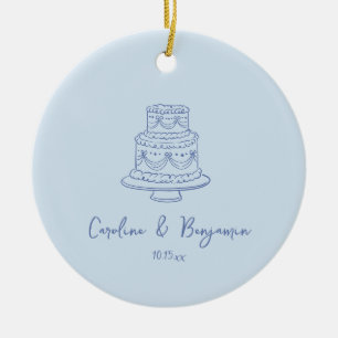 Ornamento De Cerâmica Bolo de Casamento Azul Legal Manuscrito Personaliz