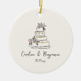 Ornamento De Cerâmica Bolo de Casamento com Doodle de Creme Rosa Escrito
