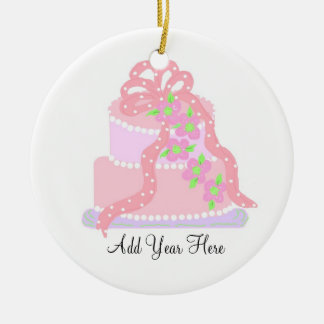 Ornamento De Cerâmica Bolo de Casamento com Laço Rosa