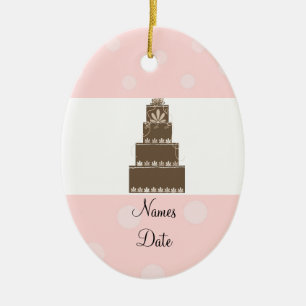 Ornamento De Cerâmica Bolo de Casamento Rosa Suave e Chocolate