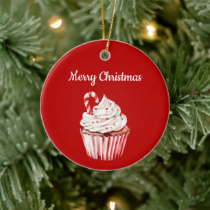 Ornamento De Cerâmica Bolo de Natal com Cane de Açúcar