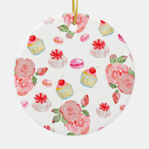 Ornamento De Cerâmica Bolos doces e rosas de aquarela
