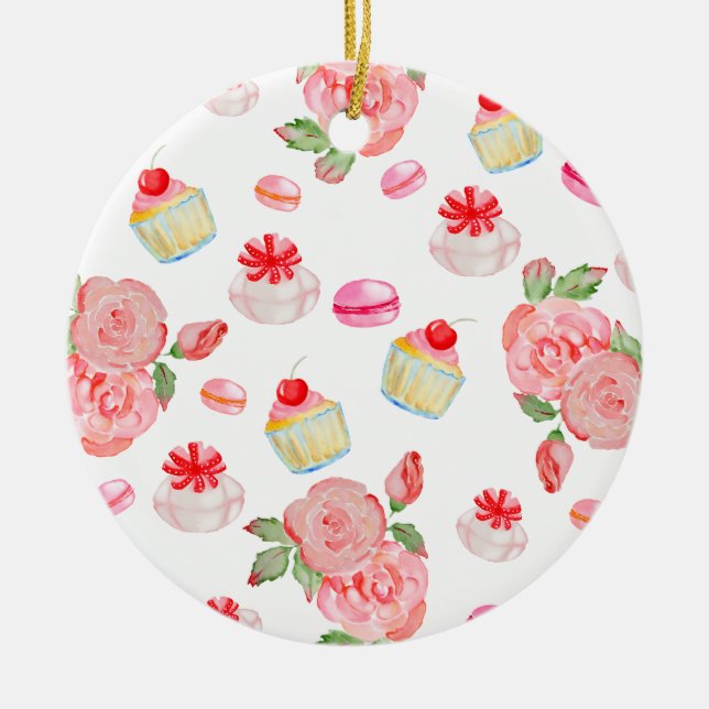 Ornamento De Cerâmica Bolos doces e rosas de aquarela (Frente)