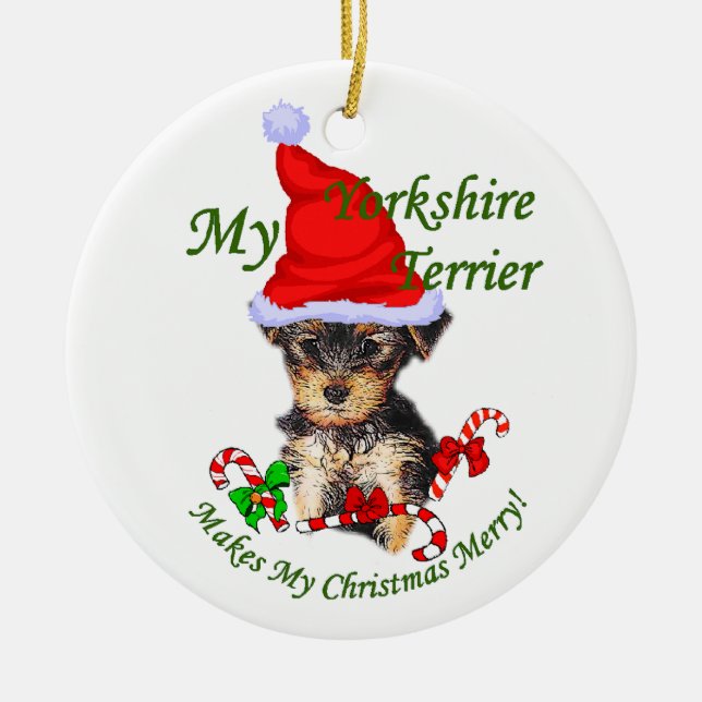 Ornamento De Cerâmica Bolsas de Natal de Yorkshire Terrier (Frente)