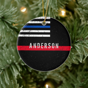 Ornamento De Cerâmica Bombeiro afligiu Thin Red Line com nome