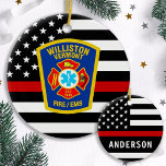 Ornamento De Cerâmica Bombeiro Logotipo Personalizado Emblem Firefighter<br><div class="desc">Ornamento fino do Corpo de Fogo da Linha Vermelha - bandeira americana nas cores do Firefighter Flag, design moderno preto e vermelho. Personalize com o logotipo do departamento e o nome do bombeiro. Este ornamento personalizado de bombeiros é perfeito para os departamentos de bombeiros e serviço de bombeiros, presentes de...</div>
