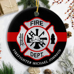 Ornamento De Cerâmica Bombeiro maltês Cross Personalizado Fireman<br><div class="desc">Linha Vermelha Magra Personalizada Maltês Cross Firefighter Ornament - moderno design preto vermelho e prateado. Personalize com os bombeiros, o nome do bombeiro ou o seu texto. Este ornamento personalizado de bombeiros é perfeito para os departamentos de bombeiros, serviço de bombeiros, ou como guardião memorial, presentes de natal ou refeitórios....</div>