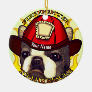 Ornamento De Cerâmica Bombeiro Terrier de Boston