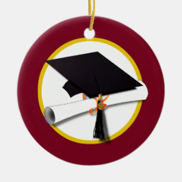 Ornamento De Cerâmica Boné de formatura e Diploma - Fundo Vermelho Escur