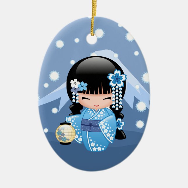 Ornamento De Cerâmica Boneca de inverno Kokeshi - Garota Geisha Blue Mou (Frente)