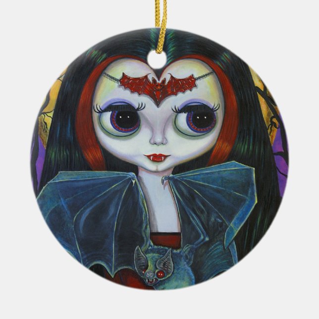 Ornamento De Cerâmica Boneca de Vampiro Bonita com Bat (Frente)