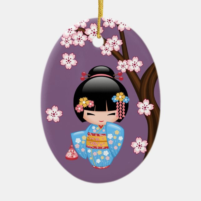 Ornamento De Cerâmica Boneca Maiko Kokeshi - Garota Geisha Bonita em Rox (Frente)