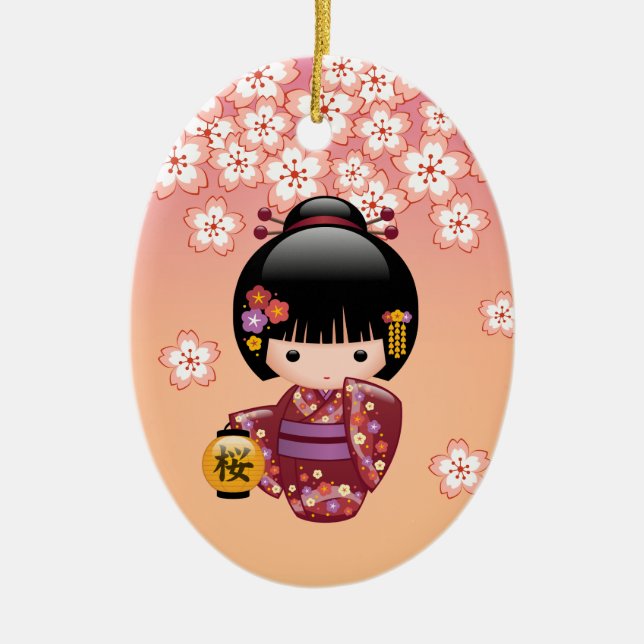 Ornamento De Cerâmica Boneca Sakura Kokeshi - Garota Geisha em Pêssego (Frente)