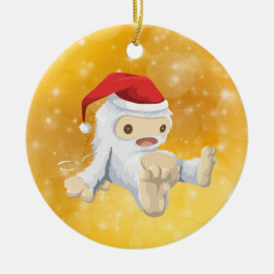 Ornamento De Cerâmica Boneca Yeti de Natal com Dourado Fundo Bokeh