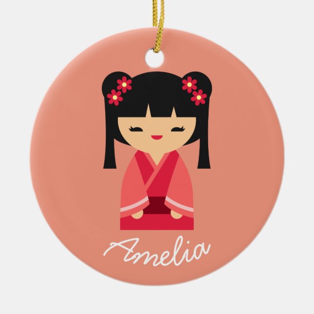 Ornamento De Cerâmica Bonecas japonesas cor-de-rosa Kokeshi (Frente)