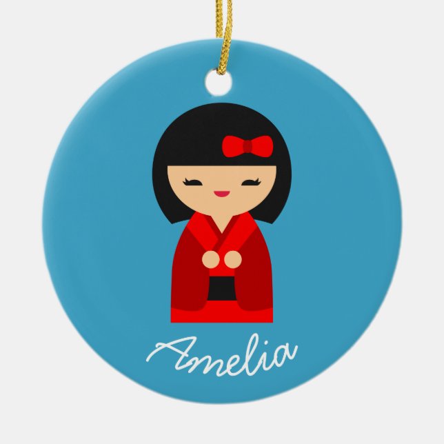 Ornamento De Cerâmica Bonecas japonesas de laranja-branca Kokeshi (Frente)