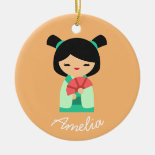 Ornamento De Cerâmica Bonecas japonesas de pêssego rosa aqua Kokeshi