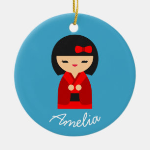 Ornamento De Cerâmica Bonecas japonesas laranja-brancas Kokeshi