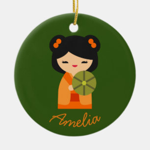 Ornamento De Cerâmica Bonecas japonesas laranja-brancas Kokeshi