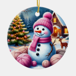 Ornamento De Cerâmica Boneco de Neve Alegre ao Pé da Árvore de Natal em