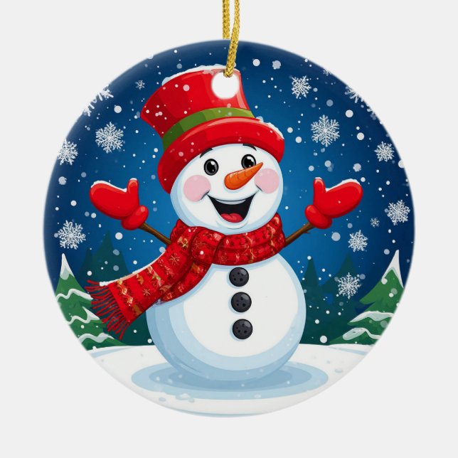 Ornamento De Cerâmica Boneco de Neve Alegre com Cachecol e Chapéu Vermel (Frente)