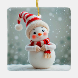 Ornamento De Cerâmica Boneco de Neve Alegre com Chapéu de Festa