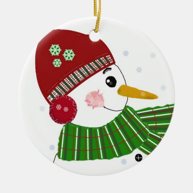 Ornamento De Cerâmica Boneco de Neve com Chapéu Vermelho e Cachecol Verd (Frente)