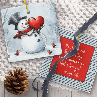 Ornamento De Cerâmica Boneco de Neve com um Grande Coração & Poema