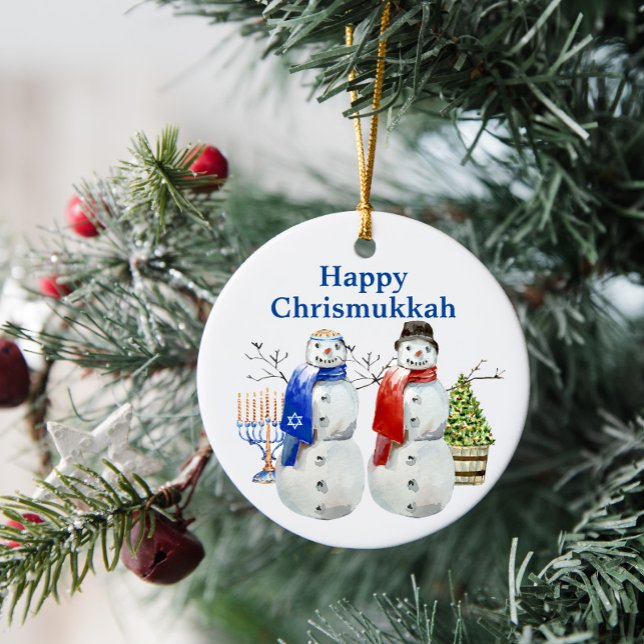 Ornamento De Cerâmica Boneco de Neve de Hanukkah Natal Chrismukkah (Criador carregado)